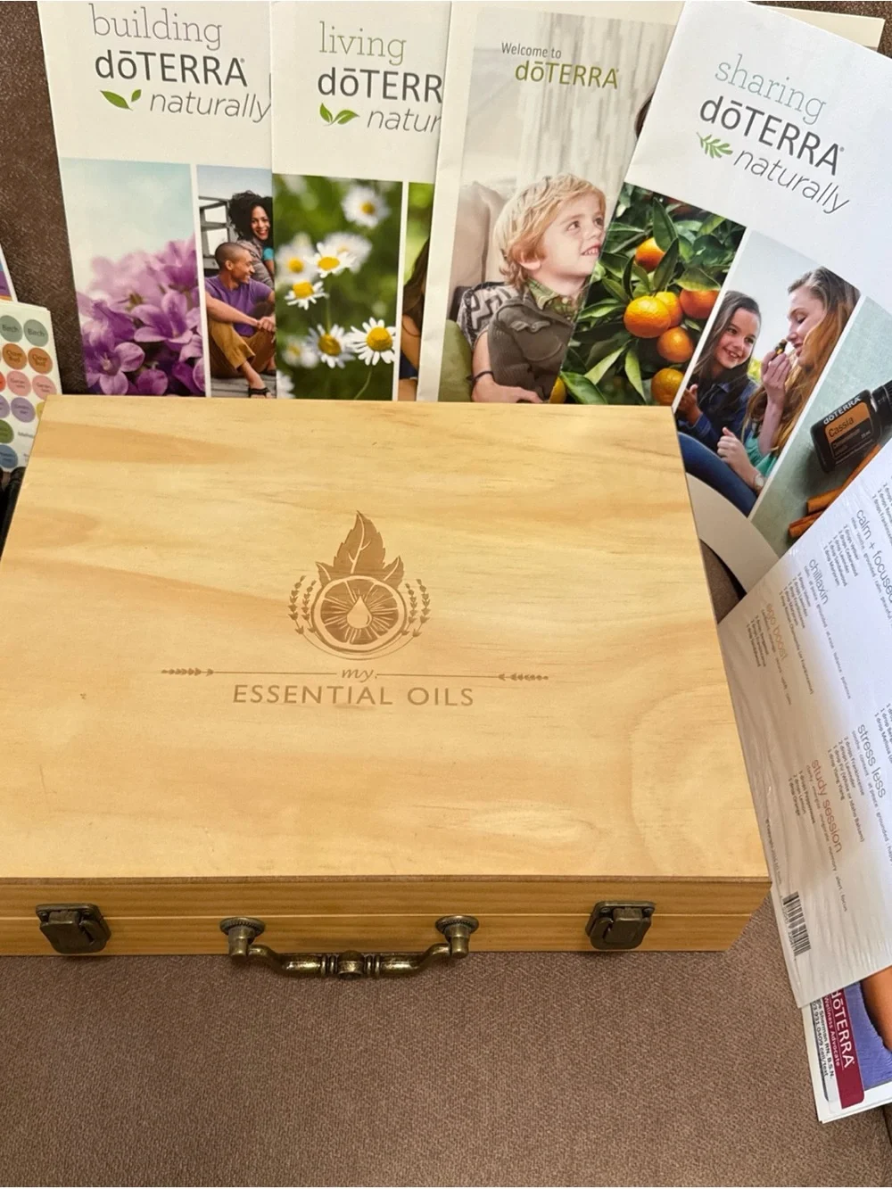 DōTerra essential oil box with 13 new/opened exp oils with extra bottles/info.